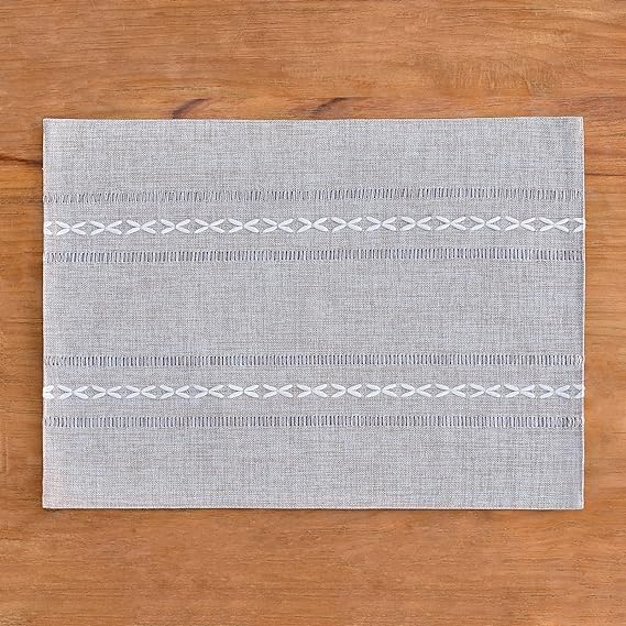 Wracra Cotton Linen Placemats, 12 x 18 Inch Set of 6 Placemats Rustic Hemstitch Place Mats for Kitchen Table and Heat Resistant-Hemstitch Grey