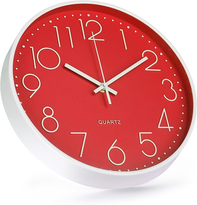 Wall Clock 10 Inch Non-Ticking Silent Modern Simple Style Round Decor Clock Red Stereoscopic Dial Quartz Wall Clocks for Home/Office/School/Living Room/Bedroom/Kitchen