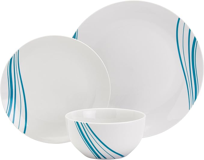 Tabletops Gallery 12-Piece White with Teal Striped Ceramic Dinnerware Set of Kitchen Dishes, Round Dinner Salad Plates Cereal Bowls, Service for 4, Marina