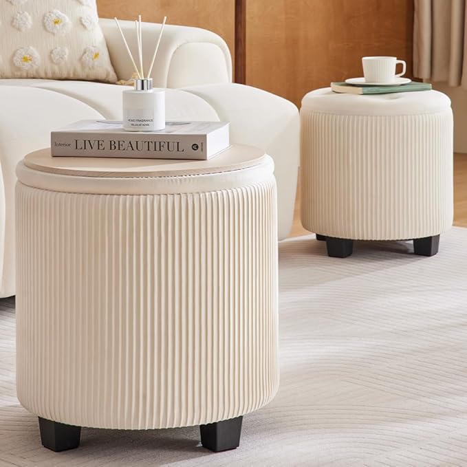 Big Round Ottoman with Storage Set of 2,Upholstered Velvet Vanity Stool for Makeup Multifunctional Foot Rest Coffee Table Padded Seat Tufted Ottomans for Living Room&Bedroom(White)