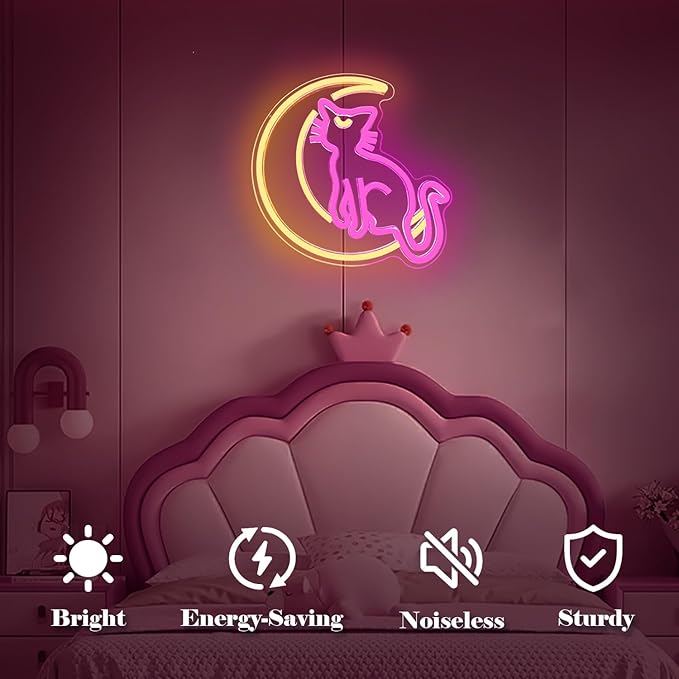 Japanese Anime Cat Neon Signs Dimmable Cartoon Luna Neon Lights Moon Cat Neon Light Sign Cute Led Signs for Bedroom Wall Girls Room Dorm Birthday Party Kawaii Gift