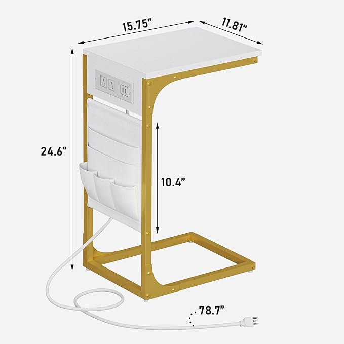 TUTOTAK C Shaped End Table with Charging Station, Side Table for Sofa, Couch Table with Storage Bag, Set of 2, TV Tray Table with 2 USB Ports and Outlets for Living Room, Bedroom, TB01BWG0242