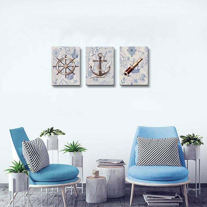 ocean theme steering wheel telescope ship pendant Canvas Prints bathroom Wall Art for Bedroom Wall decor Artworks Pictures wall decorations for living room,3 piece Home decor kitchen wall paintings