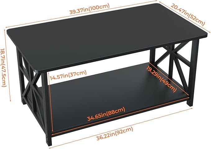 GreenForest Coffee Table with Round Corner, Farmhouse Center Table with 2-Tier Storage Shelf X-Frame Design for Living Room, 39 inch Black