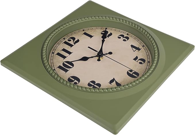 Vintage Wall Clock 1950s Style - Retro 50's Mid Century Square Wall Clocks Battery Operated for Kitchen Living Room Home Decor - 12 Inch, Olive Green