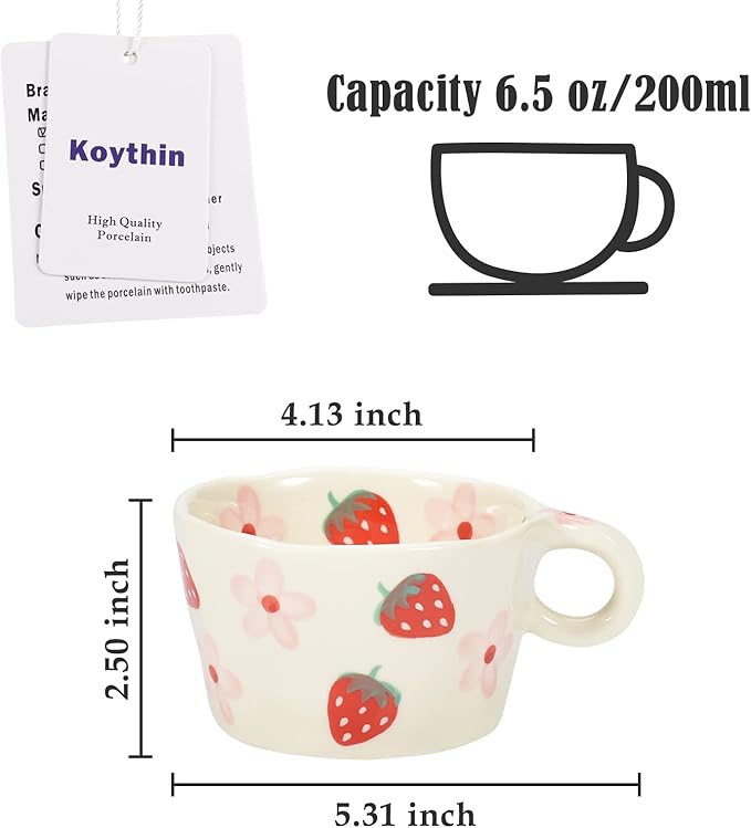 Koythin Ceramic Coffee Mug, Cute Creative Hand Printed Mug Design for Office and Home, 6.5 oz/200 ml for Latte Tea Milk (Strawberries and Flowers)
