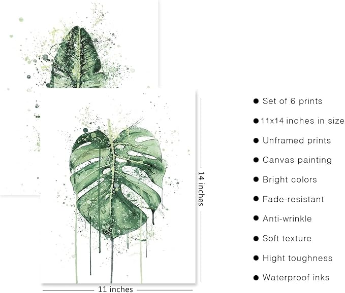 HoozGee Sage Green Leaf Poster Watercolour Splash Botanical Plant Wall Art Print Boho Plant Wall Decor Canvas Leaves Prints for Kitchen Bedroom Livingroom Office Wall Decor (11"x14" UNFRAMED)