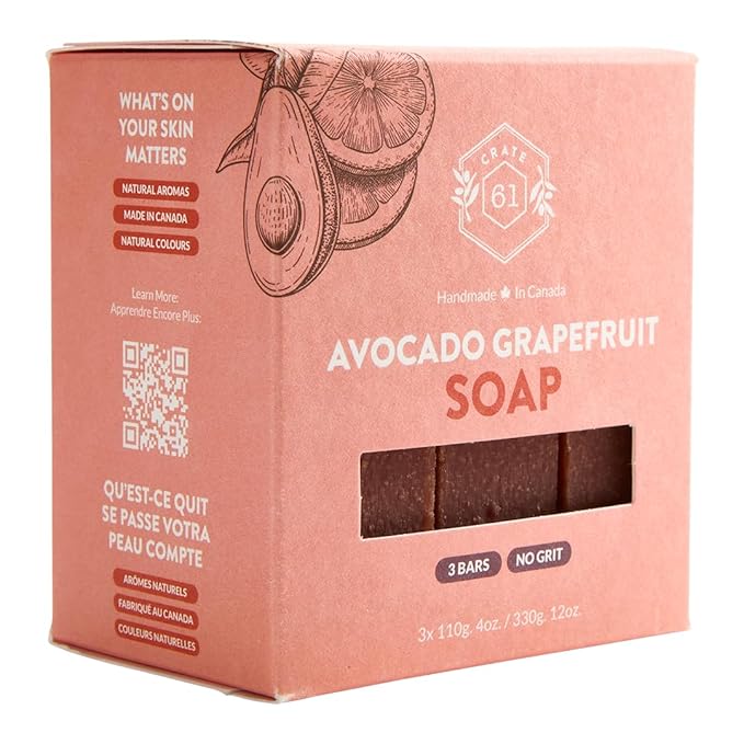 Handmade in Canada, Plant Based Cold Process Natural Bar Soap For Face And Body, With Premium Essential Oils, For Men And Women 3 Pack (Avocado Grapefruit)