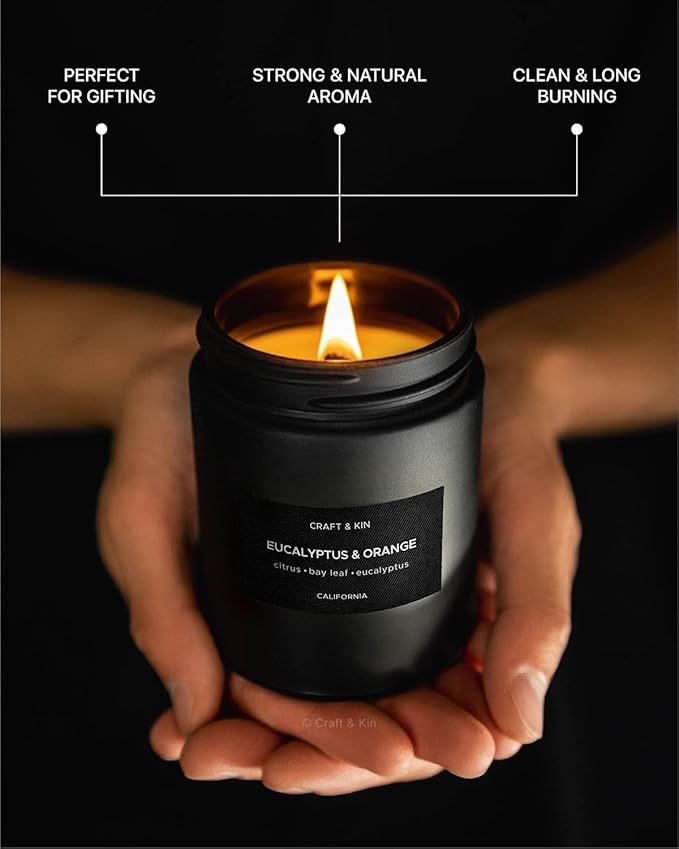 Craft & Kin Premium Orange & Eucalyptus Candle | Black Spring Scented Candles for Home | Long Lasting with 45 Hour Burn Time, 7.6oz | Made with Soy | Aromatherapy at Home | Gifts for Men