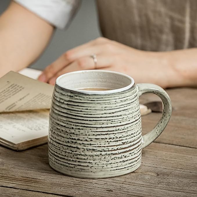 Ceramic Coffee Mugs, Set of Two, 15oz, Vintage Tea Cups with Handle for Office/Home, Wide Botton, Handmade Pottery mugs, Dishwasher and Microwave Safe. (Grey)
