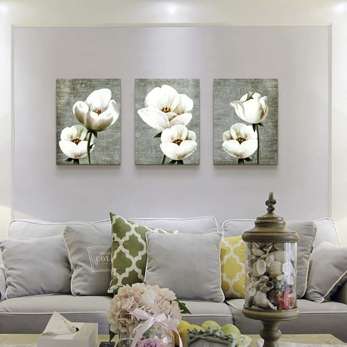 Living Room Wall Decor Canvas Wall Art For Bedroom Bathroom Wall Painting Artwork Gray Green Vintage Style White Flowers Abstract Pictures Wall Decorations For Kitchen 3 Panels Modern Family Decor