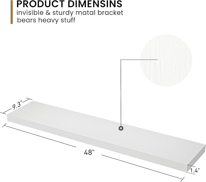 Fun Memories Floating Shelves - 9 Inch Deep Wall Shelf for Decor & Storage - Wall Mounted Display Shelving with Invisible Heavy-Duty Metal Bracket - 48" W x 9" D x 1.6" H - Set of 1 - Rustic White