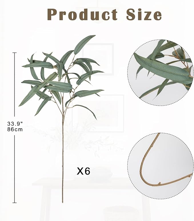 Briful Artificial Eucalyptus Willow Branches 33'' Tall Gray Fake Eucalyptus Stems Arrangement, Realistic Faux Greenery Stems, Indoor Plant, Home Housewarming Farmhouse Porch Vase Decor, Set of 6