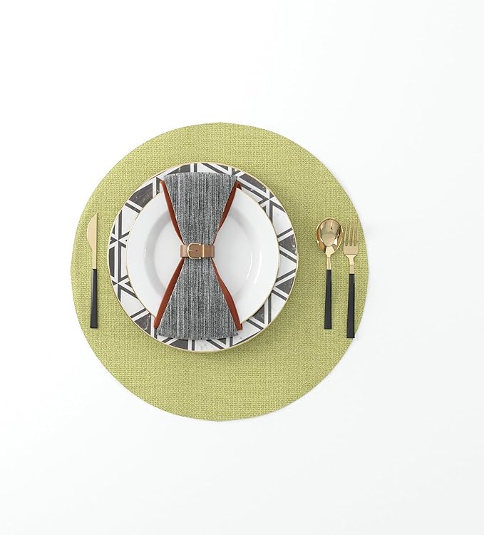 Set of 4 Handmade Round Placemat 15 Inch Soft Linen eco-Friendly Fabric Handcrafted Machine Washable Indoor & Outdoor Tablemat Green