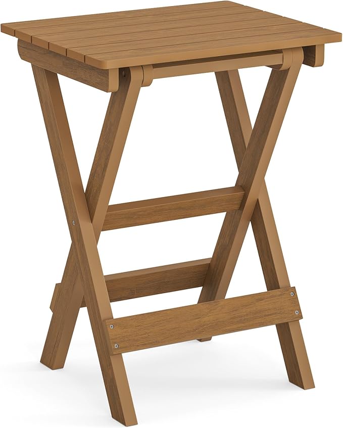 LUE BONA 27 inch Folding Side Table, HDPS Outside End Table for Patio, Porch, Deck, Pool, Weather Resistant, Teak Color Oil Printed
