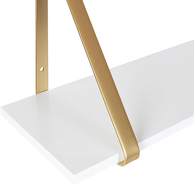 Kate and Laurel Soloman White Wooden Shelves with Gold Metal Brackets, 2 Piece Set