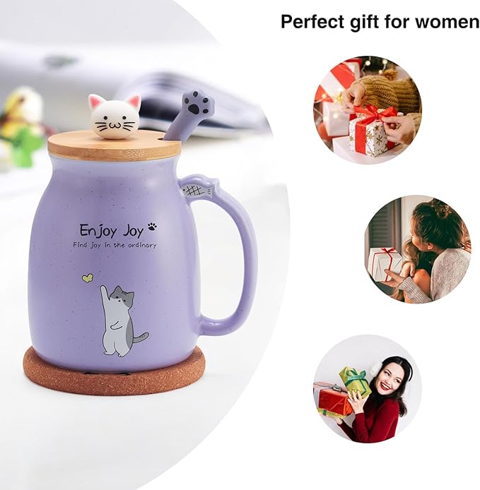 Cute Cat Cup Ceramic Coffee Mug with Kawaii Cat Wooden Lid, Lovely Stainless Steel Spoon, Anime Kitty Thicken Wooden Coaster, Christmas Birthday Cute Thing Japanese Mug 16oz (Purple)