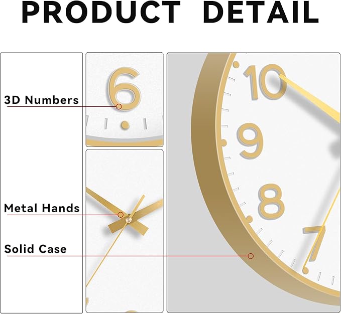 Wall Clock, 10 Inch Silent Wall Clocks Battery Operated-Modern Non Ticking Analog Clock Decorative for Kitchen Bedroom Office Bathroom(White Gold)