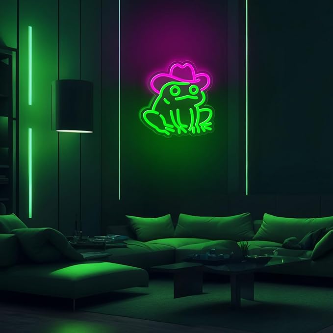 Frog Neon Sign for Wall Decor,Dimmable Frog with Cowboy Hat Neon Light,Pink Green Animal Light Up Signs for Bedroom Party Bar Background Decoration