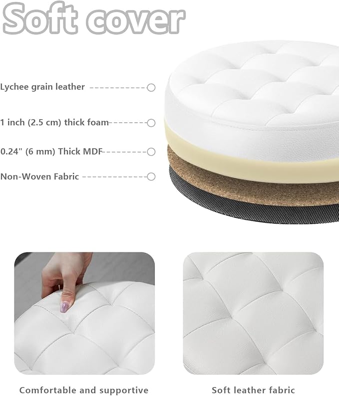 Bsketa® Ottoman with Storage, Foot Rest Stool with Thicker Foam Padded Seat Leather Small Round 14“ x 14” x 13 "Inchs Storage Ottoman Bench for Living Room Foldable Pouf Coffee Table 2 Pack,White