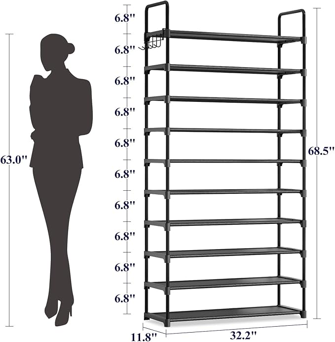 Kitsure Shoe Rack - 10-Tier Shoe Organizer with Detachable Fabric Shelves & Thick Metal Frame, Easy-to-Assemble Tall Shoe Rack for Closet, Entrance, Living Room, 32.2" × 11.8" × 68.5", Black