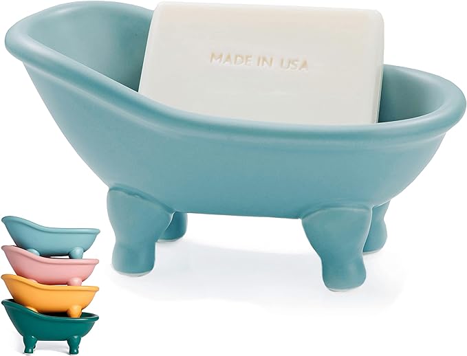 1 Piece 5.6" Colorful Ceramic Mini Clawfoot Bathtub Soap Dish Decortative Soap Dish Small Planter Makeup Organizer Container Hamster Bathtub(Blue)