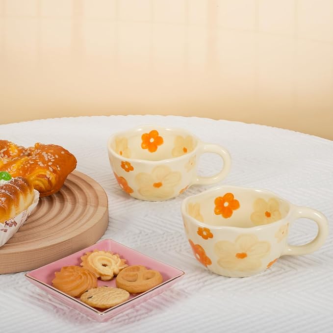 Koythin 2-Pieces Ceramic Coffee Mugs, Creative Cute Flower Cup for Office and Home, 8.5 oz/250 ml Aesthetic Mug for Latte Tea Milk (2 Orange Flower)