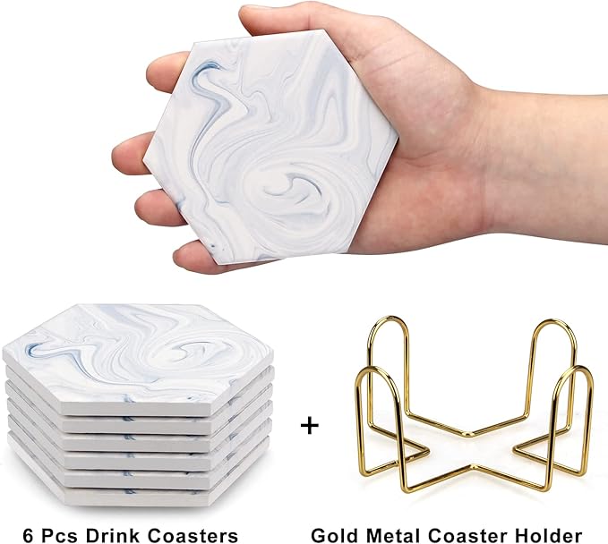 6 Pcs Hexagon White Marble Ceramic Coasters Set with Holder Best Absorbent Stone Coasters Cool Drink Personalized Wine Bar Coasters Beverage Coffee Cup Coasters for Table