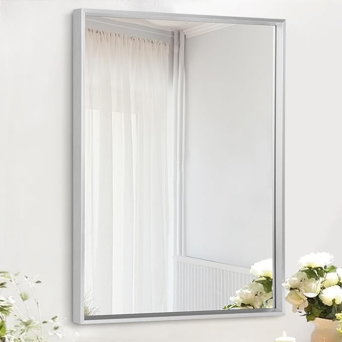 AAZZKANG Metal Frame Mirror Rectangle Wall Mounted Mirrors Large 26"x18" Decorative Modern for Bedroom Bathroom Entryway Hanging Vertically or Horizontally Silver