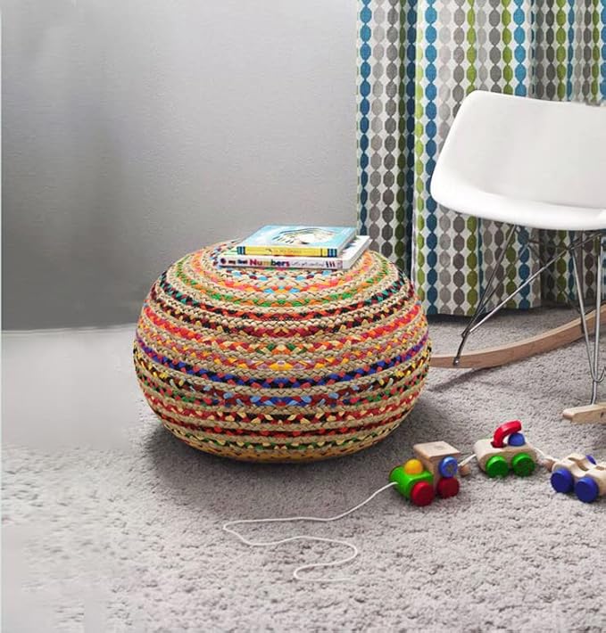 COTTON CRAFT Jute Chindi Pouf Ottoman – One of a Kind Jute Cotton Braided Moroccan Boho Kilim Foot Stool Bean Bag Accent Seating – Bedroom Dorm Kids Room Rustic Decorative Round Pouf – 18x14 - Multi