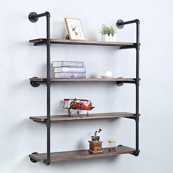 Industrial Pipe Shelving Wall Mounted,36in Rustic Metal Floating Shelves,Steampunk Real Wood Book Shelves,Wall Shelf Unit Bookshelf Hanging Wall Shelves,Farmhouse Kitchen Bar Shelving(4 Tier)