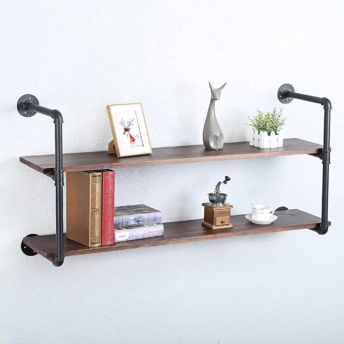 Industrial Pipe Shelving Wall Mounted,48in Rustic Metal Floating Shelves,Steampunk Real Wood Book Shelves,Wall Shelf Unit Bookshelf Hanging Wall Shelves,Farmhouse Kitchen Bar Shelving(2 Tier)