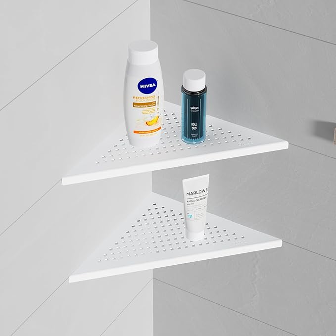 Neodrain 10 Inch White Bathroom Corner Shelf Set of 2, Floating Corner Shelves for Wall, 304 Stainless Steel Wall Storage Shelves for Bathroom,No Drilling