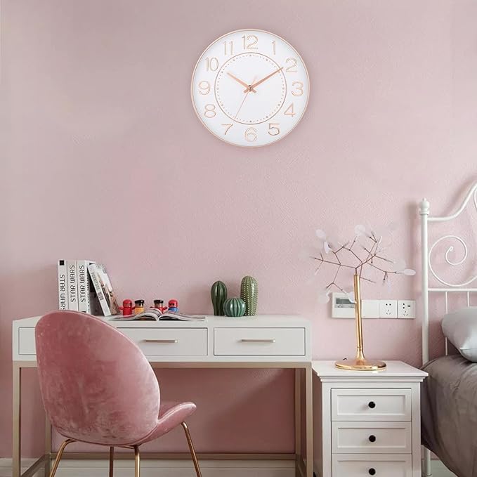 HZDHCLH Modern Wall Clocks Battery Operated,10 inch White and Rosegold Clock for Wall,Silent Small Wall Clock for Living Room Bedroom Kitchen Office Nursery Decor