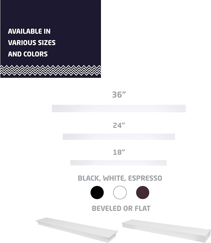HIGH & MIGHTY 515663 Modern 36" Floating Shelf Holds up to 25lbs, Easy Tool-Free Dry Wall Installation, Flat, eCommerce Packaging, White