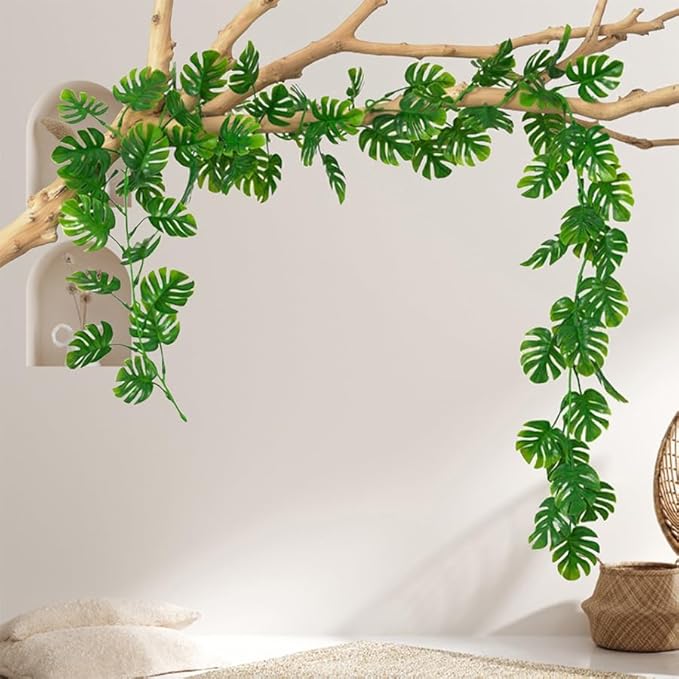 6Pcs Artificial Monstera Leaf Vines, 5.9FT Faux Tropical Monstera Garland Fake Hanging Plant Ivy Palm Leaves Greenery Vine for Garden Porch Patio Jungle Luau Party Beach Birthday Indoor Outdoor Décor