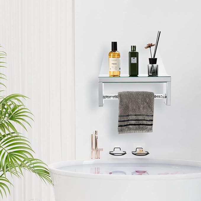 TACIDON Glass Mirrored Wall Shelf. Wall Mounted for Over Toilet. Glamorous Crystal Diamond Glass Towel Bar. Decorative Storage Glass Shelf for Bathroom, Kitchen or Bedroom.(Silver)