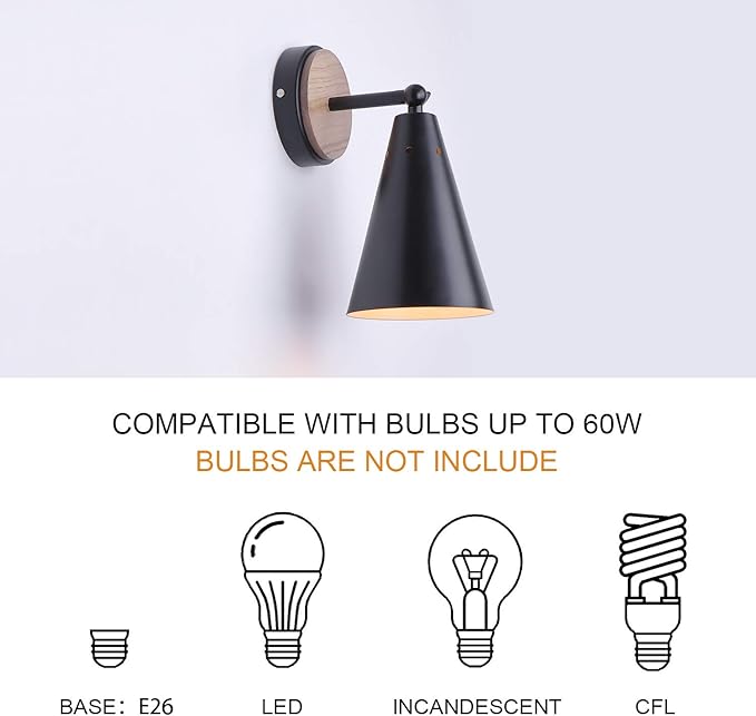 MWZ Rustic Farmhouse Black Metal and Wood Wall Sconce Adjustable Lamp,2 Pack,Rustic Wall Lighting Fixture for Bedroom, Living Room, Headboard, Garage, Porch