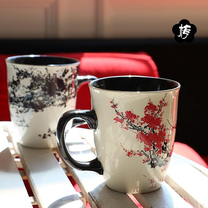 Color Changing Heat Sensitive Magic Funny Art Mug Large Coffee Tea Plum Blossom Porcelain Mugs for Women Mom grandma Gifts 16oz Black Change Glow Red Cups