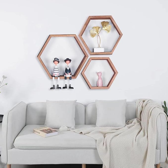 PHOENANCEE Hexagon Floating Shelves,Honeycomb Shelf,Wall Mounted Rustic Wood Octagon Storage Shelves Set of 3 for Living Room Bedroom Bathroom Office Hexagonal Decor(Carbonized Black)