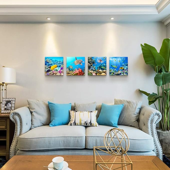 Bathroom Wall Decor Canvas wall art for living room Coral and Fish Modern Home Decor 4 Panels Stretched and Framed Ready to Hang blue Ocean Theme Sea Fish and sea Turtles undersea world Canvas Prints