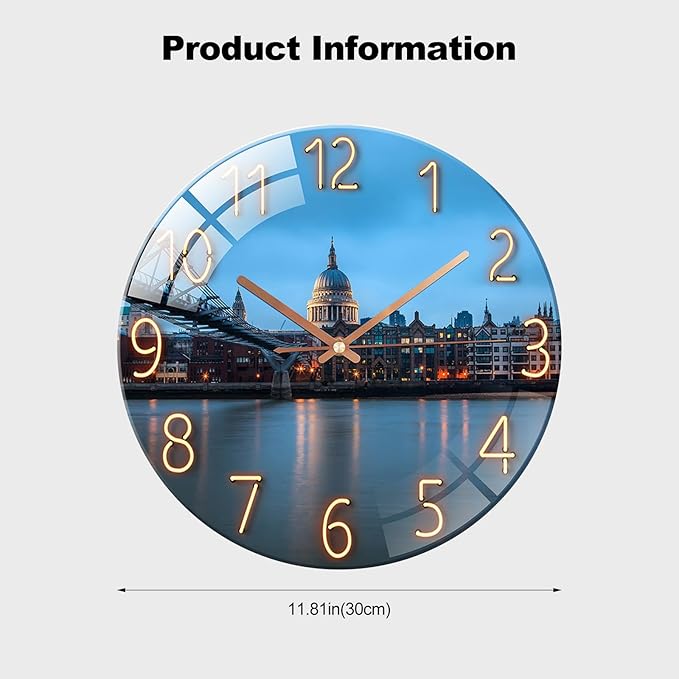 Ergocar Glass Wall Clock Silent Scanning Mechanical Round Glass Wall Clock, Suitable for Living Room, Kitchen, Office.