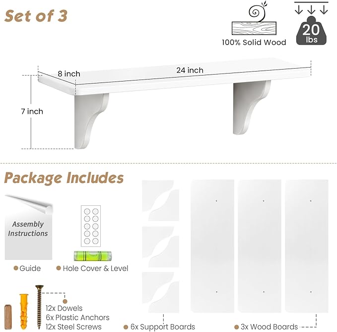 Forbena Decorative Wall Shelves for Living Room Set of 3, 24 Inch White Floating Shelves for Women Girls Bedroom, Unique Arched Wood Display Shelves for Office Storage Bathroom Decor Plants Books
