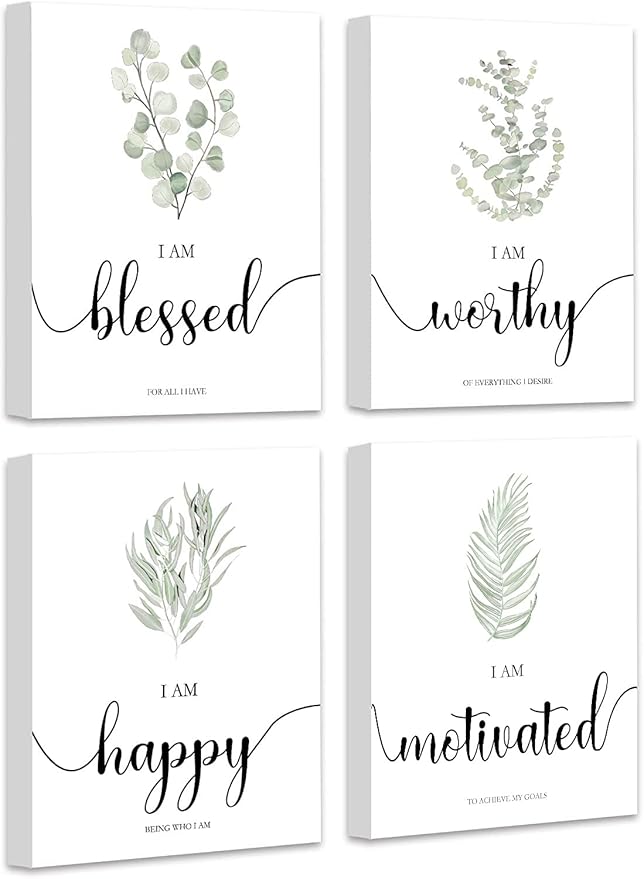 Drsoum Inspirational Framed Wall Art Boho Botanical Plant Wall Decor Motivational Quote Office Study Living Room Bedroom Decor Set of 4 8x10 inch (Wooden Frames)