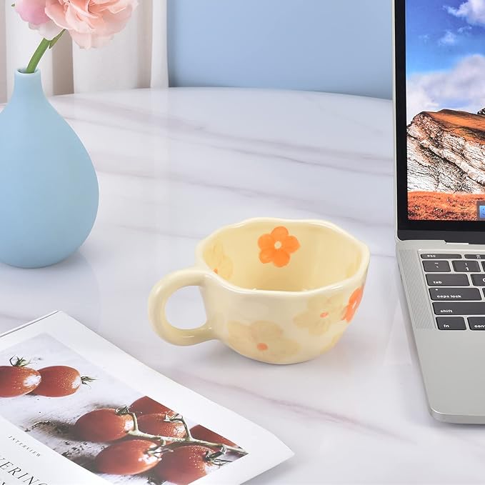 Koythin Ceramic Coffee Mug, Creative Flower Cup for Office and Home, Dishwasher and Microwave Safe, 8.5 oz/250 ml for Latte Tea Milk (Orange Flower)