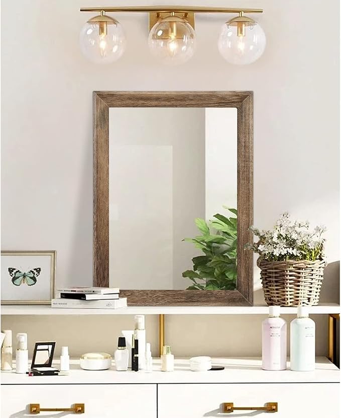 AAZZKANG Rustic Wood Mirror Rectangle Decorative Wall Mirrors with Frame Large 20"x16"for Bedroom Living Room Bathroom Entryway Hanging Brown
