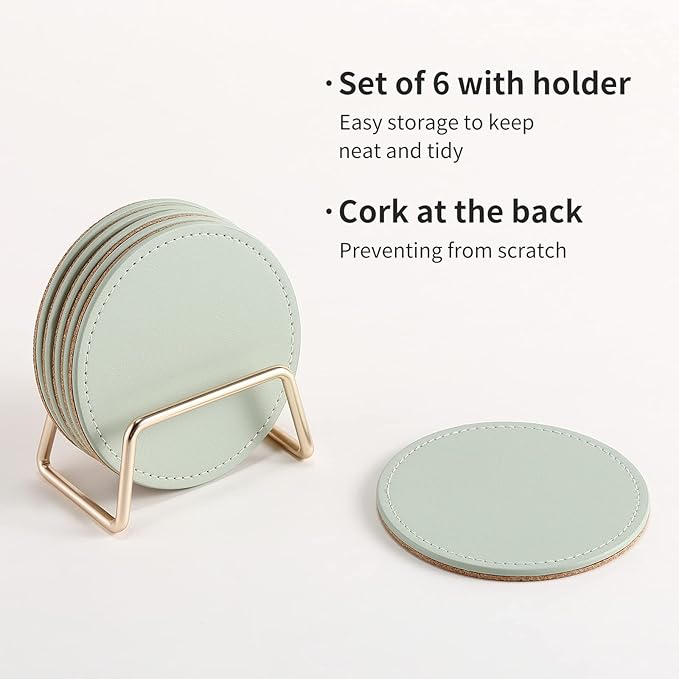CASEGRACE Drink Coasters with Metal Holder Stand Set of 6, PU Leather Absorbent Coasters with Cork Base Table Coaster Set Decorative Coffee Cup Coasters Housewarming Gift for Home Decor