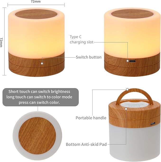 Nursery Night Light for Kids, USB Rechargeable Small Desk Lamp,13 RGB Colors & 4 Brightness & 1 Remote, Touch Bedside Cordless Table Lamp, Portable Night Lamp for Bedroom Living Room Home (Brown)