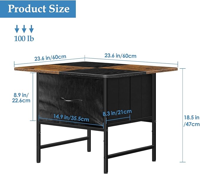 Small Storage Coffee Tables for Living Room Rustic Square Coffee Table with 2 Fabric Drawers Wooden Center Table Tea Table for Living Room Bedroom Small Spaces Guest Room Balcony, Brown and Black