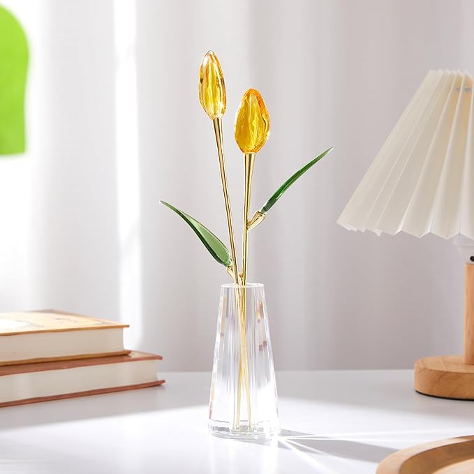Crystal Tulip Figurine - Yellow Glass Flowers with Vase, Glass Flower Bouquet Collectible Office Home Decor Paperweight - Tulip Gifts for Women Mom Bestfriend Wedding Anniversary